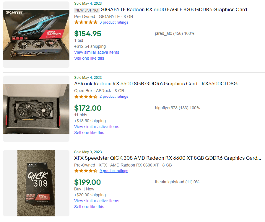 Completed eBay listings for RX 6600 and RX 6600 XT